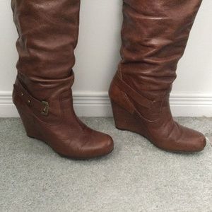 Gorgeous Guess cognac leather wedge boots.
